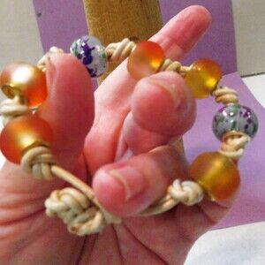 Peach purple Anklet on Cream Italian leather beaded hand knotted & beaded